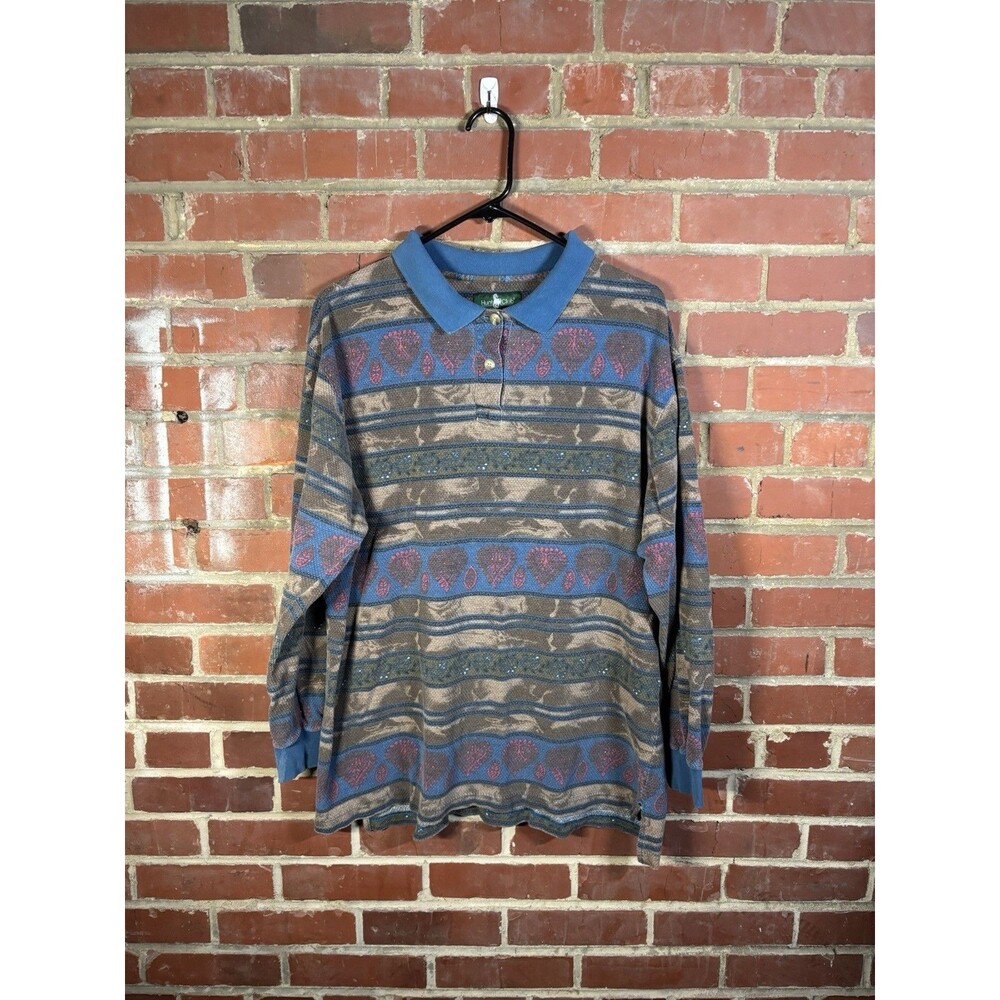 Vintage 90s Hunt Club Polo Shirt Multicolor Geometric Shapes Adult Sz L Tall